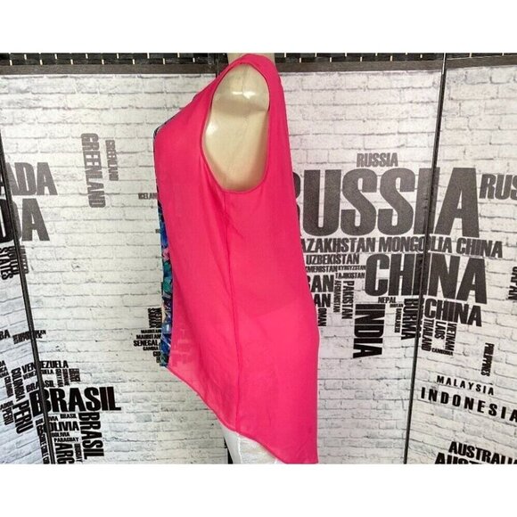 Nicole Miller L Sheer Hot Pink Floral Accent Scoop Neck Step-Hem Sleeveless Top - Picture 5 of 6